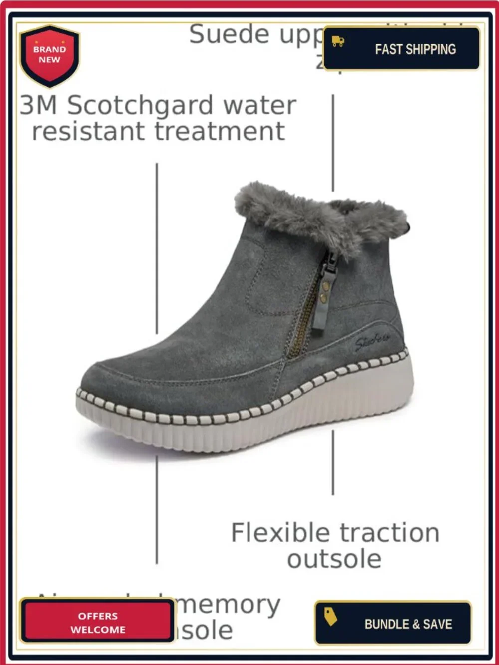 Skechers Relaxed Fit Wilshire Blvd Fresh Zip Bootie - Suede, Water Resistant,